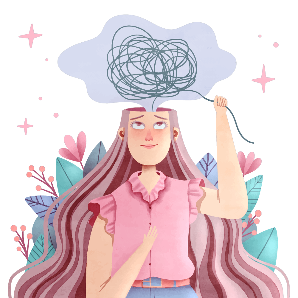 Illustration of woman with her mind as a ball of string being untangled
